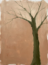 Oil painting of a leafless moss-green tree, trunk at the lower left and branches fanning right, with a small figure in an olive dress holding a wine-red bag beneath it, on a clay-tan ground.