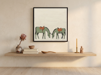 Two Grazing Horses Wall Art — Original Palette-Knife Oil, Sage & Terracotta — original hand-painted oil shown on the wall in a styled room