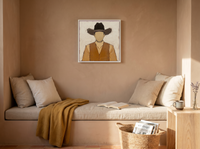 Cowboy in a Vest Wall Art — Original Palette-Knife Oil, Brown & Tan — original hand-painted oil shown on the wall in a styled room