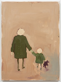 Oil painting of a tall father in a moss-green coat holding the small hand of a child half his height, both with pale cream heads, on a warm clay-tan ground.