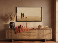 Couple Walking a Dog Wide Wall Art — Original Palette-Knife Oil, Chocolate & Tan — original hand-painted oil shown on the wall in a styled room