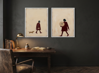 Man with Dog & Woman with Bouquet — Set of 2 Original Oils, Wine & Oat — original hand-painted oil shown on the wall in a styled room
