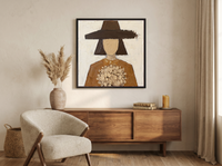 Woman with a Bouquet Wall Art — Original Palette-Knife Oil, Chocolate & Tan — original hand-painted oil shown on the wall in a styled room