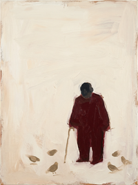 Oil painting of an old man in a deep wine coat with a dark head, leaning on a thin cane over pale oat-coloured birds on a cream ground.