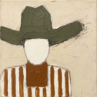 Oil painting of a faceless cowboy in an olive-green hat with a cream face, sienna neckerchief and sienna-and-cream striped shirt, on a cream ground.
