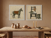 Horse & Cowboy Gear — Set of 2 Original Oils, Olive & Sienna — original hand-painted oil shown on the wall in a styled room