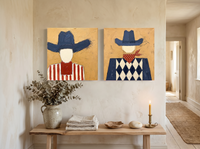 Cowboy, Front and Back — Set of 2 Original Oils, Navy & Vermilion — original hand-painted oil shown on the wall in a styled room