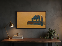 Cowgirl and Horse at the Trough Wide Wall Art — Original Palette-Knife Oil, Golden Ochre & Navy — original hand-painted oil shown on the wall in a styled room