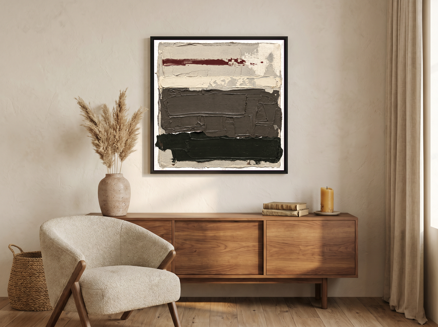 Horizontal Bands Abstract Wall Art — Original Palette-Knife Oil, Taupe & Oxblood