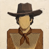 Original oil painting of a faceless cowboy in a walnut-brown hat with a brown neckerchief over a brown and cream gingham shirt, on a cream ground