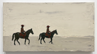 Original oil painting of two horse riders on a cool grey pasture, near-black horses and riders in olive with oxblood wide-brim hats, heavy palette-knife texture in a 16:9 wide format