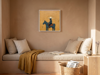 Cowboy on Horseback Wall Art — Original Palette-Knife Oil, Navy & Ochre — original hand-painted oil shown on the wall in a styled room