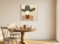 Cowboy in a Wide Hat Wall Art — Original Palette-Knife Oil, Olive & Rust — original hand-painted oil shown on the wall in a styled room