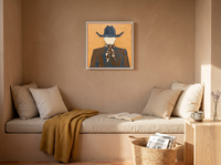 Cowboy from Behind Wall Art — Original Palette-Knife Oil, Ochre & Slate — original hand-painted oil shown on the wall in a styled room