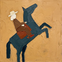 Original oil painting of a rider in a cream hat leaning forward on a rearing slate blue-grey horse, on a golden ochre ground with palette-knife texture