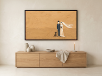 Wedding Couple & Dog Wide Wall Art — Original Palette-Knife Oil, Golden Ochre & Navy — original hand-painted oil shown on the wall in a styled room