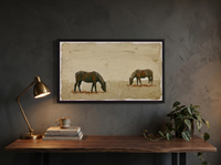 Two Grazing Horses Wide Wall Art — Original Palette-Knife Oil, Olive & Cream — original hand-painted oil shown on the wall in a styled room