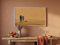 Couple Walking a Dog Wide Wall Art — Original Palette-Knife Oil, Golden Ochre & Navy — original hand-painted oil shown on the wall in a styled room