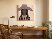 Lady in a Floppy Hat Wall Art — Original Palette-Knife Oil, Mauve & Charcoal — original hand-painted oil shown on the wall in a styled room