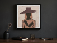 Woman in a Wide Hat Wall Art — Original Palette-Knife Oil, Mauve & Charcoal — original hand-painted oil shown on the wall in a styled room