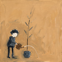 Original oil painting of a small dark-teal figure watering a tall potted plant with a rust can on a golden ochre ground, a thin white arc of water mid-air