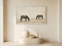 Two Grazing Horses Wide Wall Art — Original Palette-Knife Oil, Sage Green & Terracotta — original hand-painted oil shown on the wall in a styled room