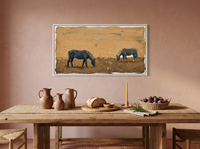 Two Grazing Horses Wide Wall Art — Original Palette-Knife Oil, Navy & Golden Ochre — original hand-painted oil shown on the wall in a styled room