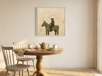 Cowboy on Horseback Wall Art — Original Palette-Knife Oil, Olive & Rust — original hand-painted oil shown on the wall in a styled room