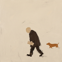 Original oil painting of a man in a dark brown coat walking with a folded newspaper, a rust-brown dachshund trailing behind, on a cream ground with loose brushwork