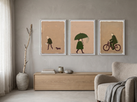 Solitude Triptych — 3 Original Oils, Moss & Mocha — original hand-painted oil shown on the wall in a styled room