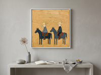 Two Riders on Horseback Wall Art — Original Palette-Knife Oil, Slate Blue & Ochre — original hand-painted oil shown on the wall in a styled room