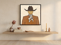 Cowboy from Behind Wall Art — Original Palette-Knife Oil, Brown & Cream — original hand-painted oil shown on the wall in a styled room