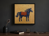 Standing Horse Wall Art — Original Palette-Knife Oil, Navy & Rust — original hand-painted oil shown on the wall in a styled room
