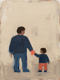 Oil painting of a tall father in a indigo-blue coat holding the small hand of a child half his height, both with pale cream heads, on a warm cream ground.