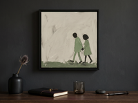 Couple Walking Together Wall Art — Original Oil, Sage & Cream — original hand-painted oil shown on the wall in a styled room