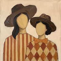 Original oil painting of two blank-faced women in wide brown hats, the taller in rust and oat stripes, the shorter in a harlequin diamond shirt with an orange bow, on a cream ground