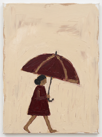 Oil painting of a woman in a deep wine dress holding a dark open umbrella above her head, looking down, on a soft oat-cream ground.
