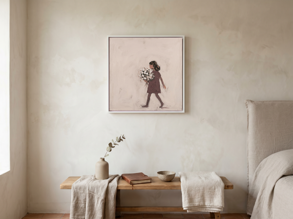Girl with a Bouquet Wall Art — Original Palette-Knife Oil, Mauve & Cream