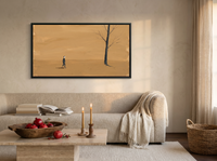 Lone Walker & Bare Tree Wide Wall Art — Original Palette-Knife Oil, Golden Ochre & Navy — original hand-painted oil shown on the wall in a styled room