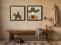 Rider & Cowboy — Set of 2 Original Oils, Olive & Sienna — original hand-painted oil shown on the wall in a styled room