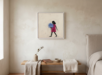 Girl with a Bouquet Wall Art — Original Palette-Knife Oil, Magenta & Cobalt — original hand-painted oil shown on the wall in a styled room