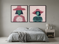 Women in Hats — Set of 2 Original Oils, Pink & Emerald — original hand-painted oil shown on the wall in a styled room