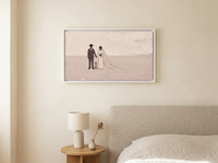 Wedding Couple and Dog Wide Wall Art — Original Palette-Knife Oil, Mauve & Blush — original hand-painted oil shown on the wall in a styled room