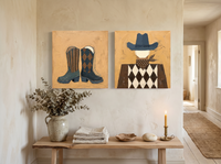 Cowboy Boots & Cowboy — Set of 2 Original Oils, Slate Blue on Ochre — original hand-painted oil shown on the wall in a styled room