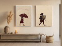 Woman with Umbrella & Woman with Bouquet — Set of 2 Original Oils, Wine & Oat — original hand-painted oil shown on the wall in a styled room