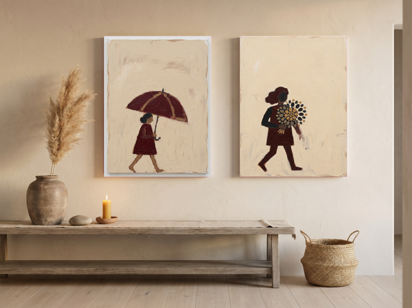 Woman with Umbrella & Woman with Bouquet — Set of 2 Original Oils, Wine & Oat