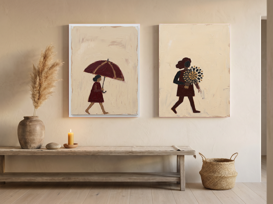 Woman with Umbrella & Woman with Bouquet — Set of 2 Original Oils, Wine & Oat