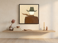 Cowboy from Behind Wall Art — Original Palette-Knife Oil, Olive & Caramel — original hand-painted oil shown on the wall in a styled room