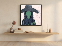 Lady in a Slate Hat Wall Art — Original Palette-Knife Oil, Emerald & Blush — original hand-painted oil shown on the wall in a styled room