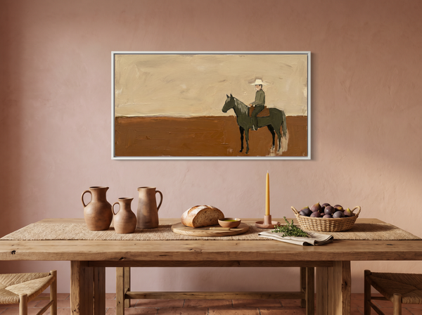 Cowboy on Horseback Wide Wall Art — Original Palette-Knife Oil, Olive & Burnt Sienna